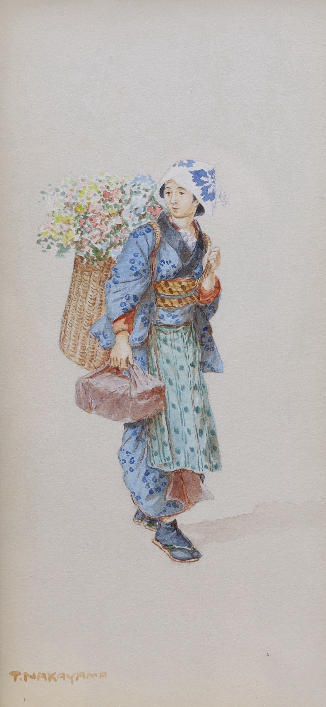 Takashi Nakayama (Japanese, 1893-1978), three watercolours, Studies of peasants carrying baskets of flowers and vegetables, signed, 33 x 16cm